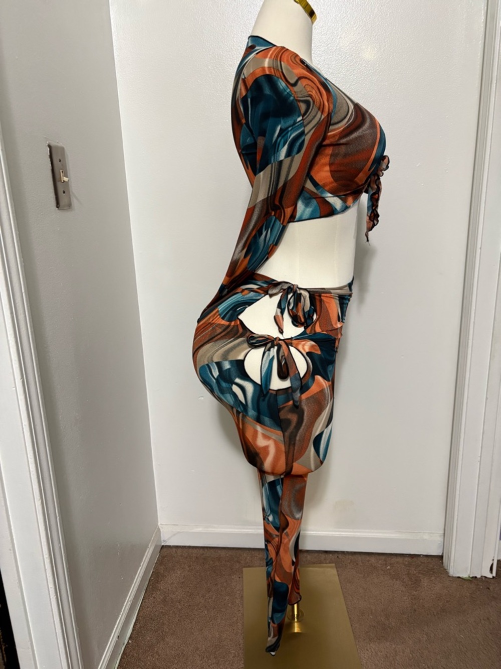 Abstract Swirl Tie-Side Pants Set in Teal and Rust NWOT